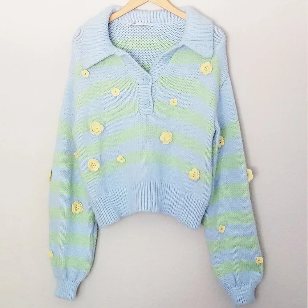 Zara Crochet 3D Floral Embroidered Striped Polo Collared Sweater L Blue Fairy - Picture 7 of 16